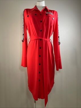Karl Lagerfeld Paris Red Long Sleeve Shirt Dress with Logo Tape Sleeves MEDIUM
